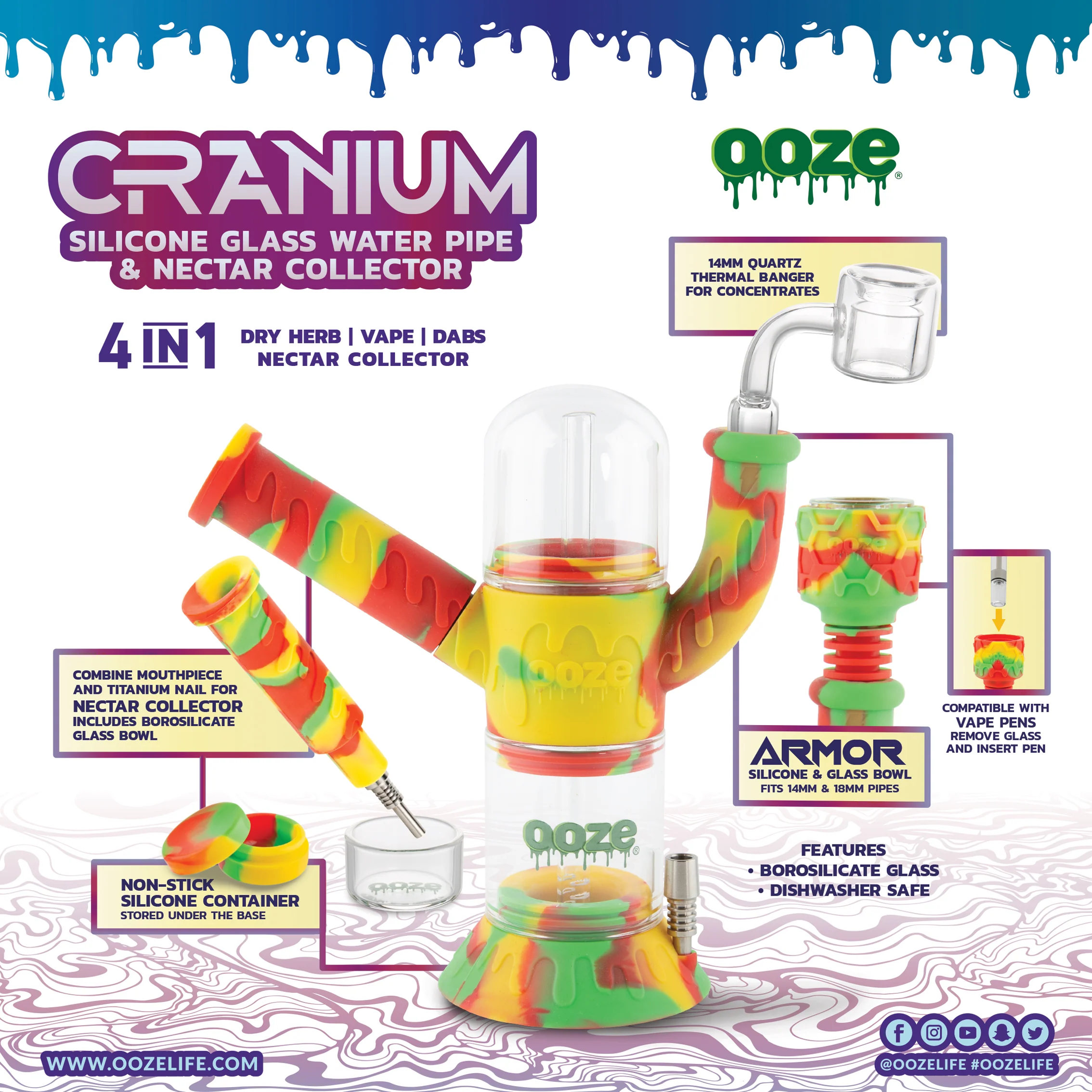 Ooze Cranium Silicone Water Pipe, Dab Rig & Dab Straw - Rasta - Image 12