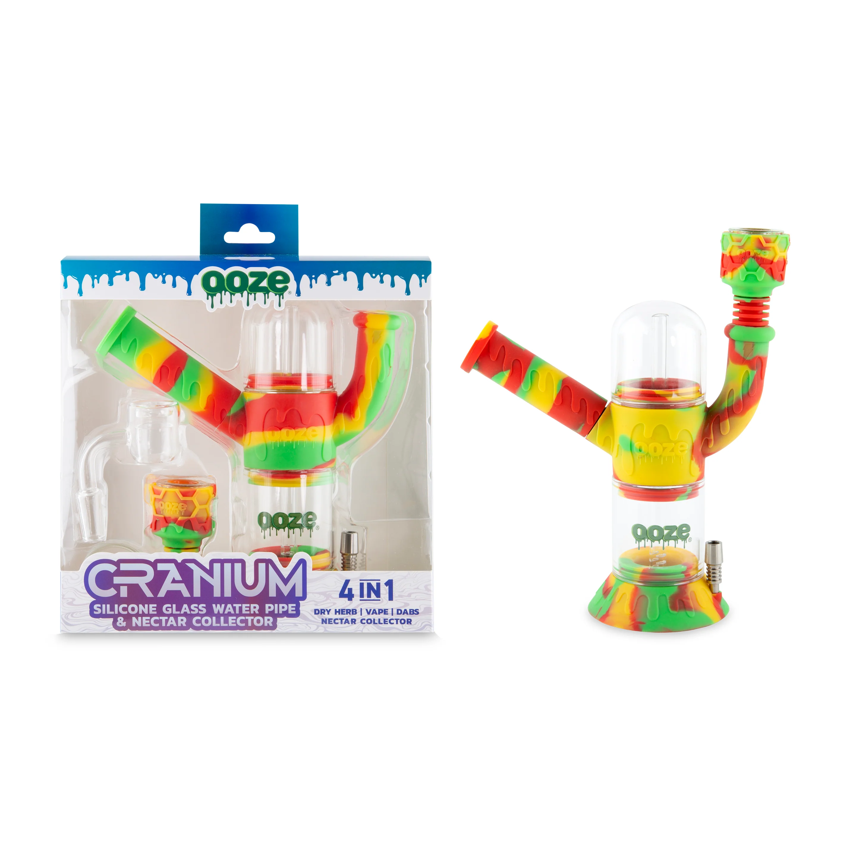 Ooze Cranium Silicone Water Pipe, Dab Rig & Dab Straw - Rasta - Image 2