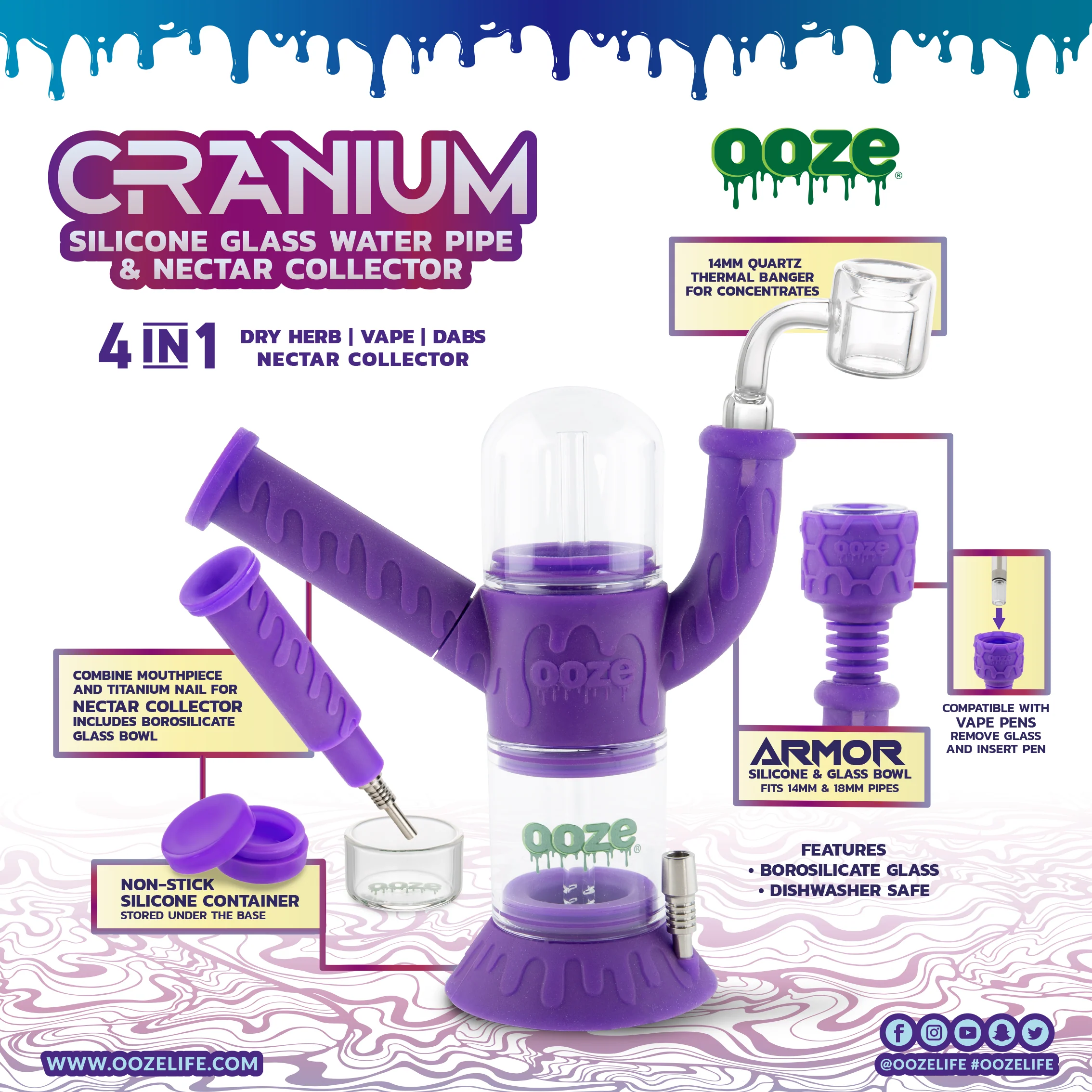 Ooze Cranium Silicone Water Pipe, Dab Rig & Dab Straw - Ultra Purple - Image 6