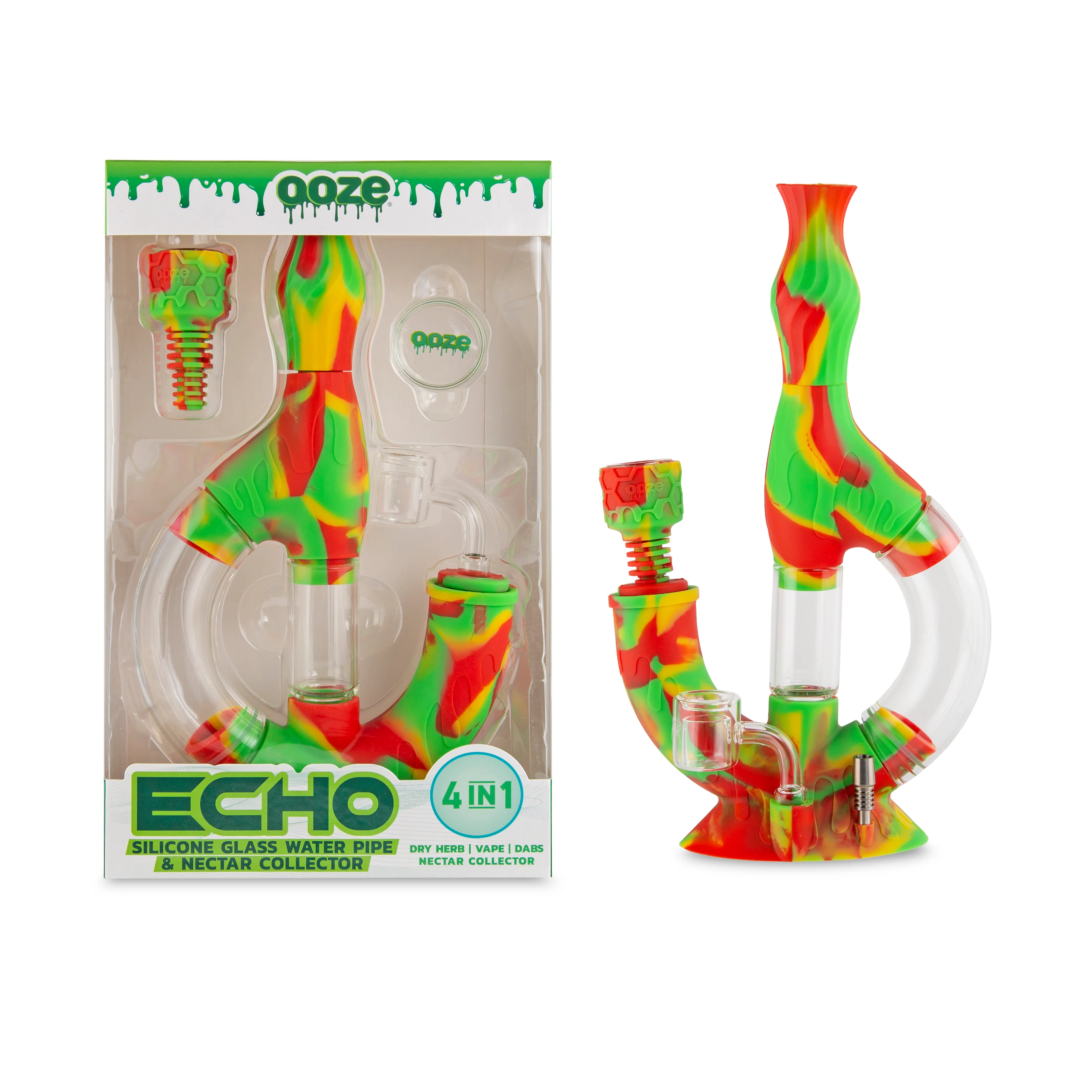 Ooze Echo Silicone Water Pipe, Dab Rig & Dab Straw - Rasta - Image 2
